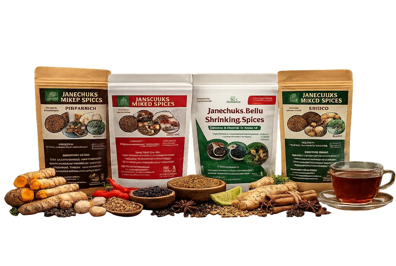 JaneChuks Mixed Spices pouches with fresh herbs, roots and a cup of herbal tea